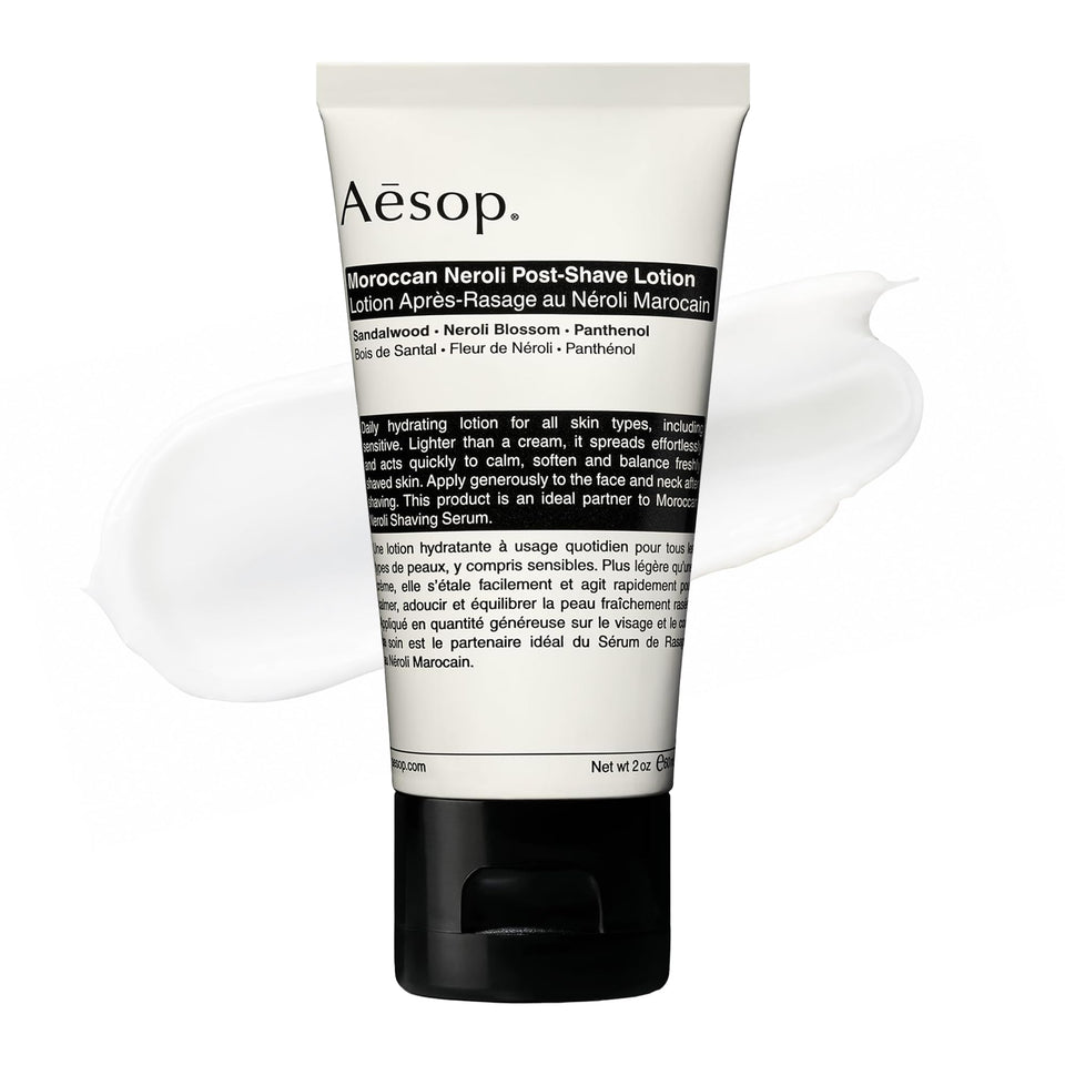 Aesop Moroccan Neroli Post Shave Lotion bottle, offering calming hydration after shaving.