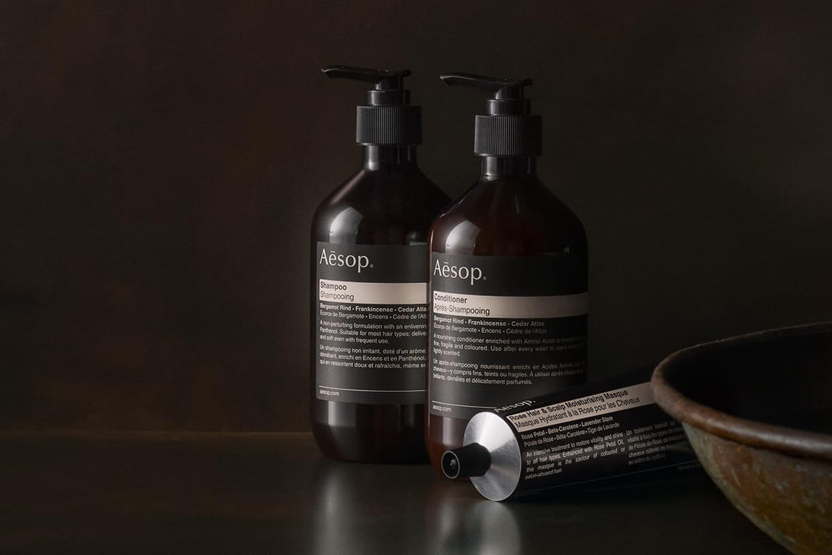 Aesop recycled plastic bottle emphasis communicates sustainability and responsible use.