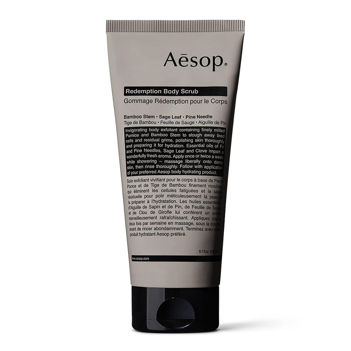 Aesop Redemption Body Scrub packaging in a sleek jar for easy daily exfoliation.
