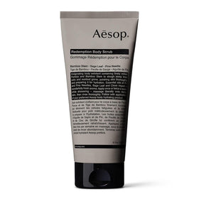 Aesop Redemption Body Scrub packaging in a sleek jar for easy daily exfoliation.