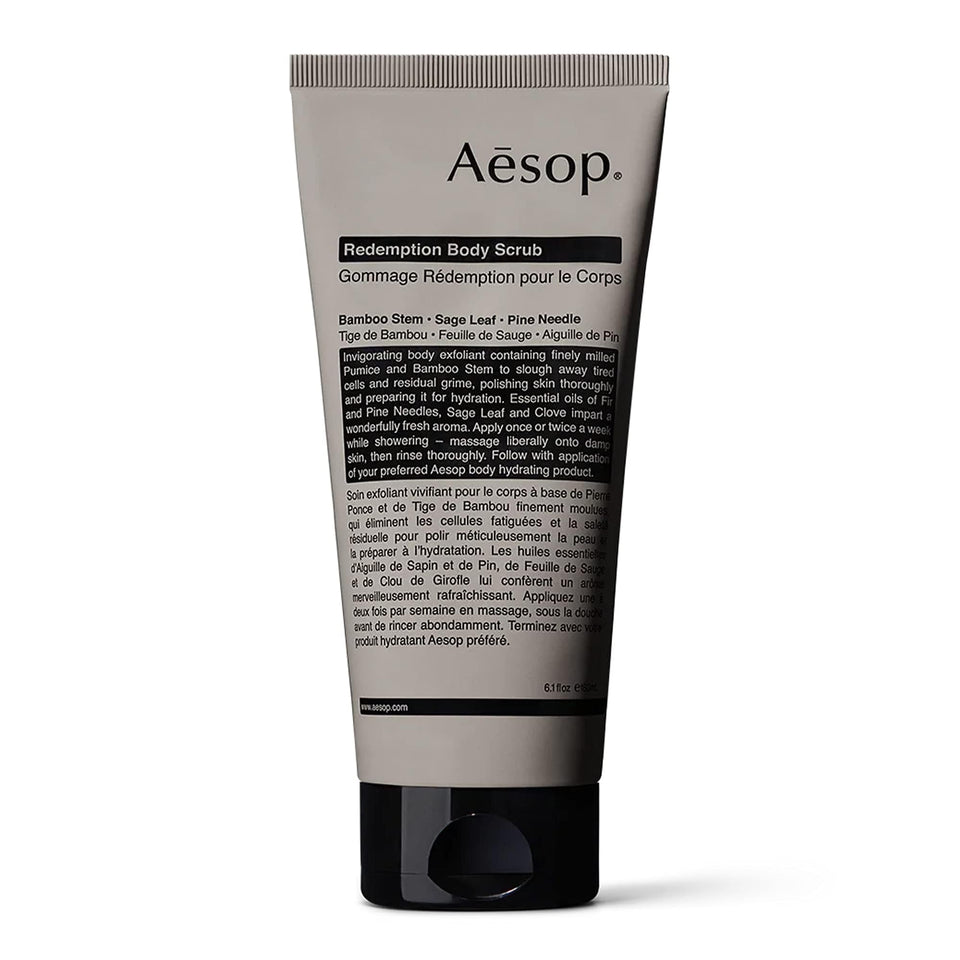 Aesop Redemption Body Scrub packaging in a sleek jar for easy daily exfoliation.
