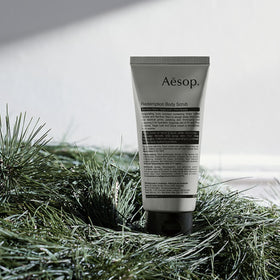 Aesop Redemption Body Scrub pine needle detail hints at alpine fresh aroma.