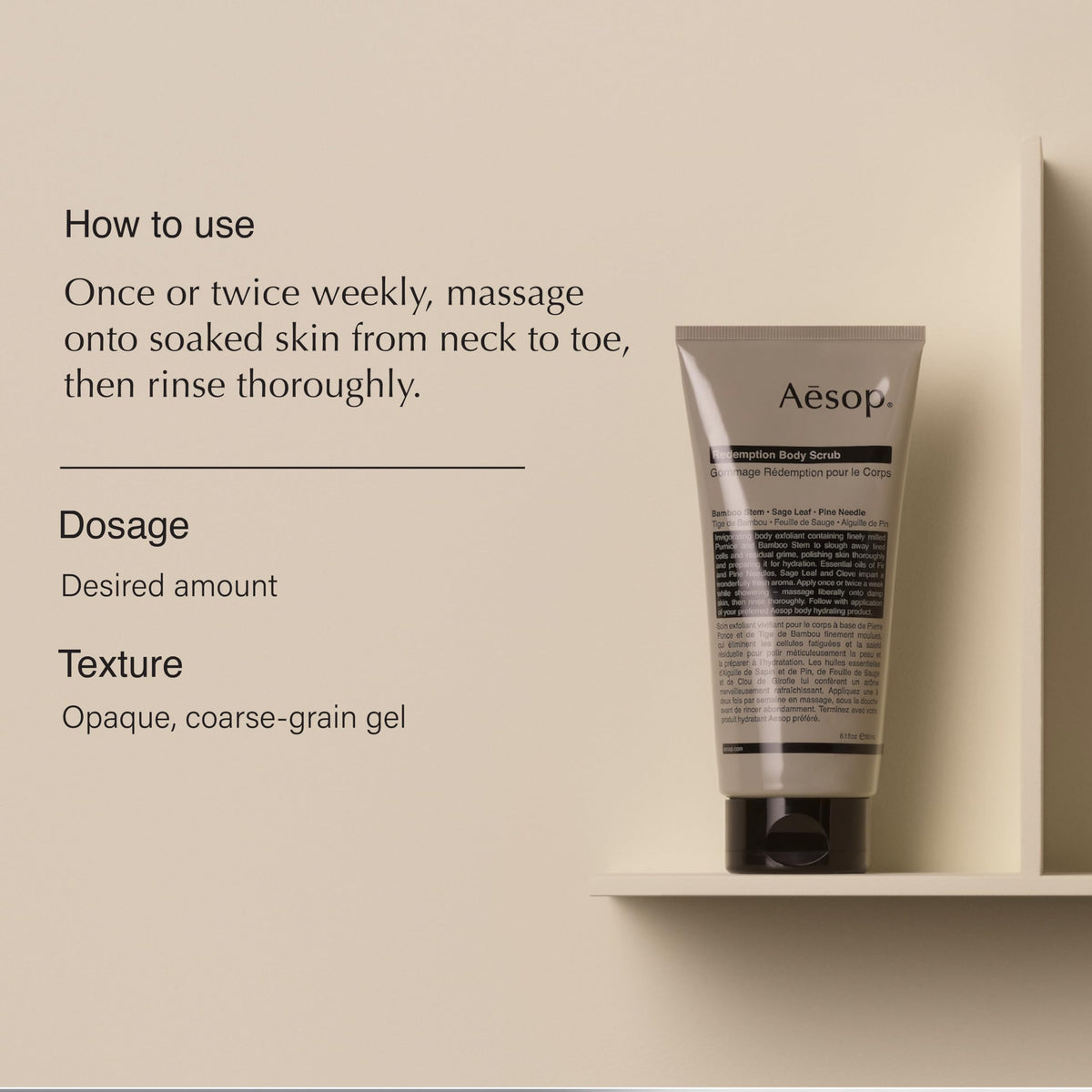 Aesop Redemption Body Scrub texture close-up shows pumice-bamboo for gentle polish.