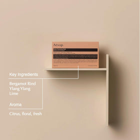 Aesop Refresh Body Cleansing Slab ingredients bottle highlights bergamot, ylang ylang, lime.