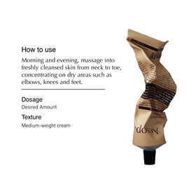 Close-up of Aesop Rejuvenate Intensive Body Balm texture showing creamy nourishment.