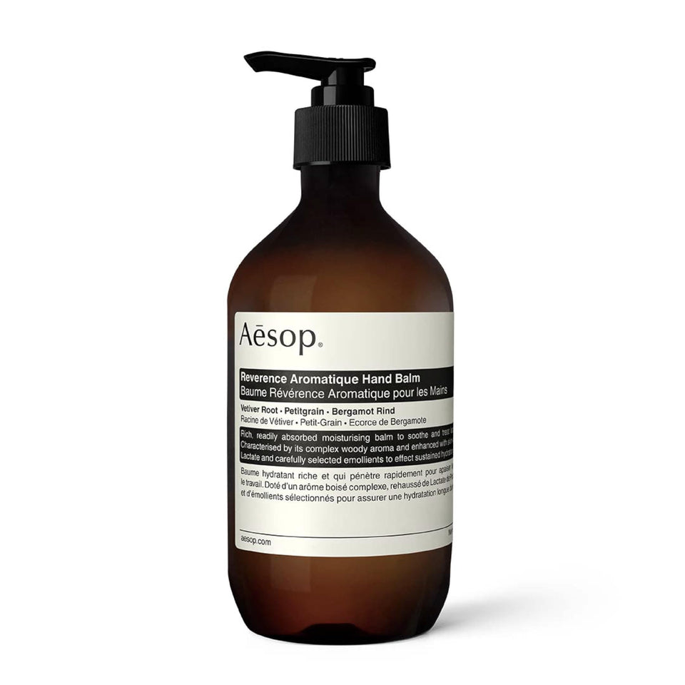 Aesop Reverence Hand Balm packaging close-up highlighting vegan, cruelty-free formulation.