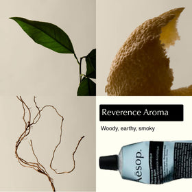 Aesop Reverence hand balm tube close-up showcasing smoky woody aroma for grounding routines.