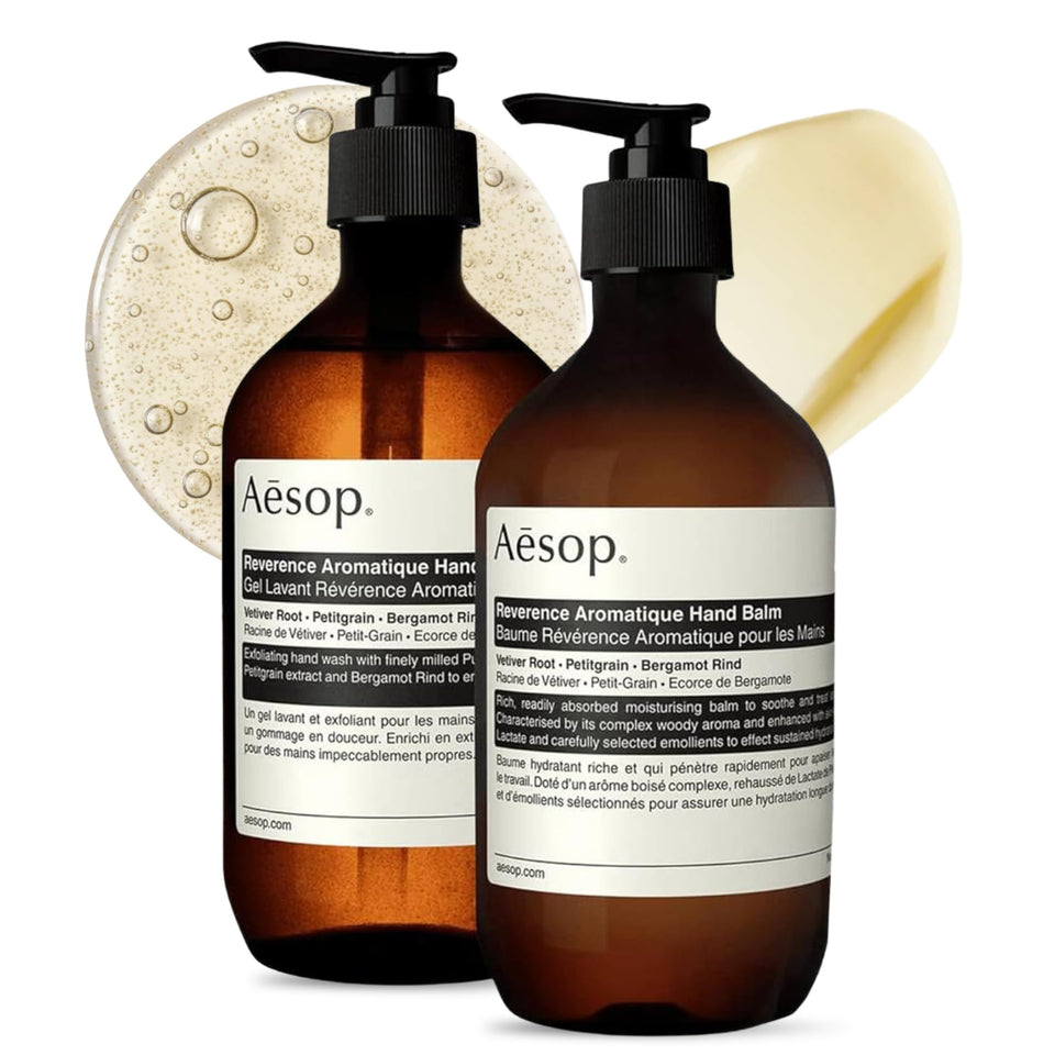 Aesop Reverence Hand Wash bottle with a pump-top, exfoliating for smoother hands.