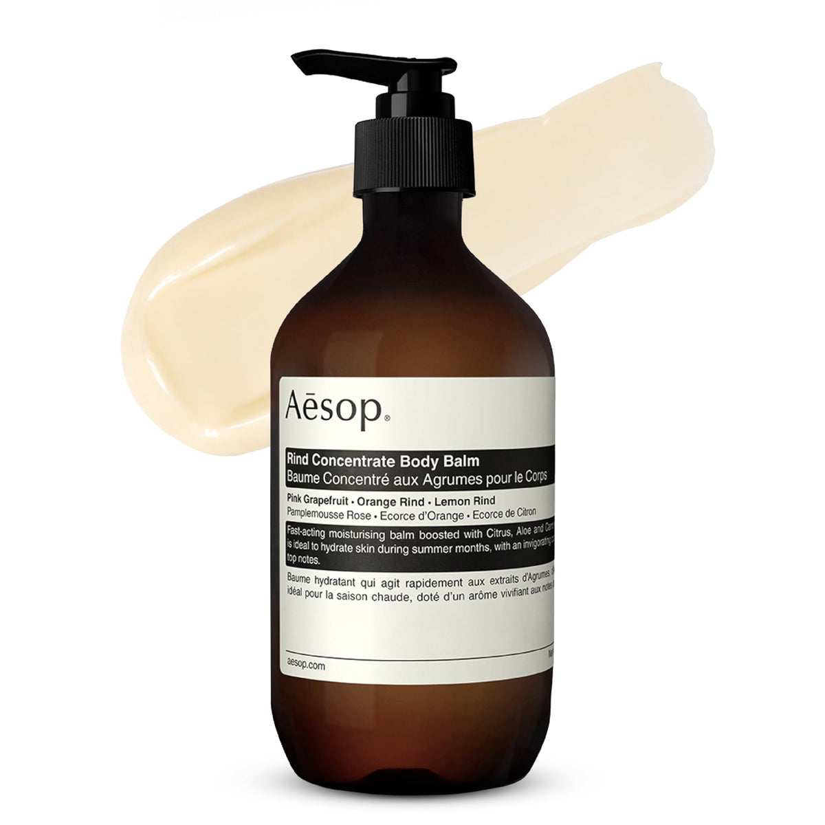 Aesop Rind Concentrate Body Balm bottle shows bright citrus hydration.