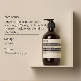 Aesop Rose Petal Oil blend application highlights softening aroma for a spa-like shower.