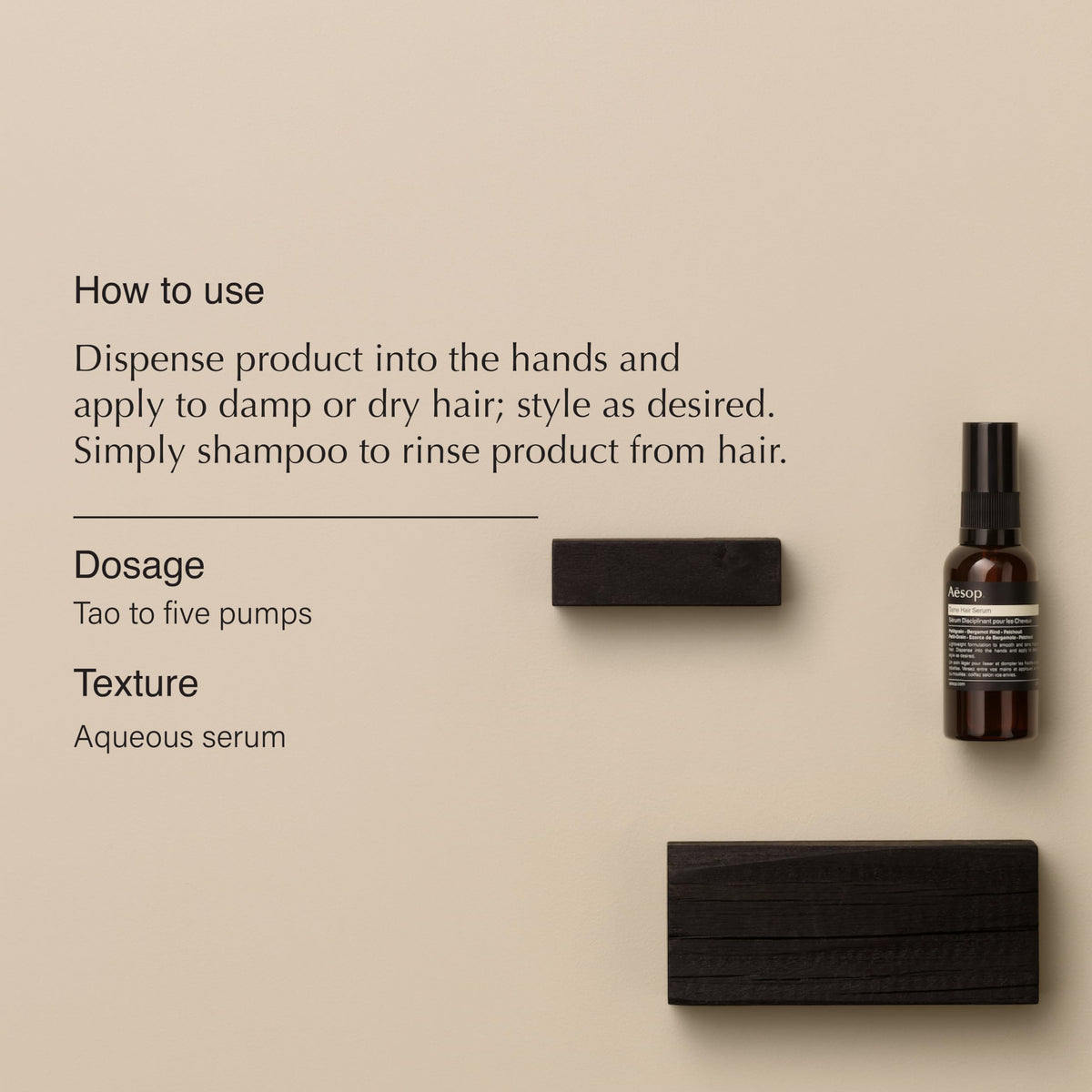 Aesop Tame Hair Serum bottle showing a lightweight, non greasy finish.