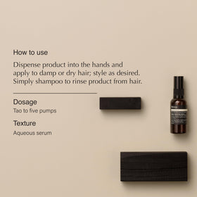 Aesop Tame Hair Serum bottle showing a lightweight, non greasy finish.