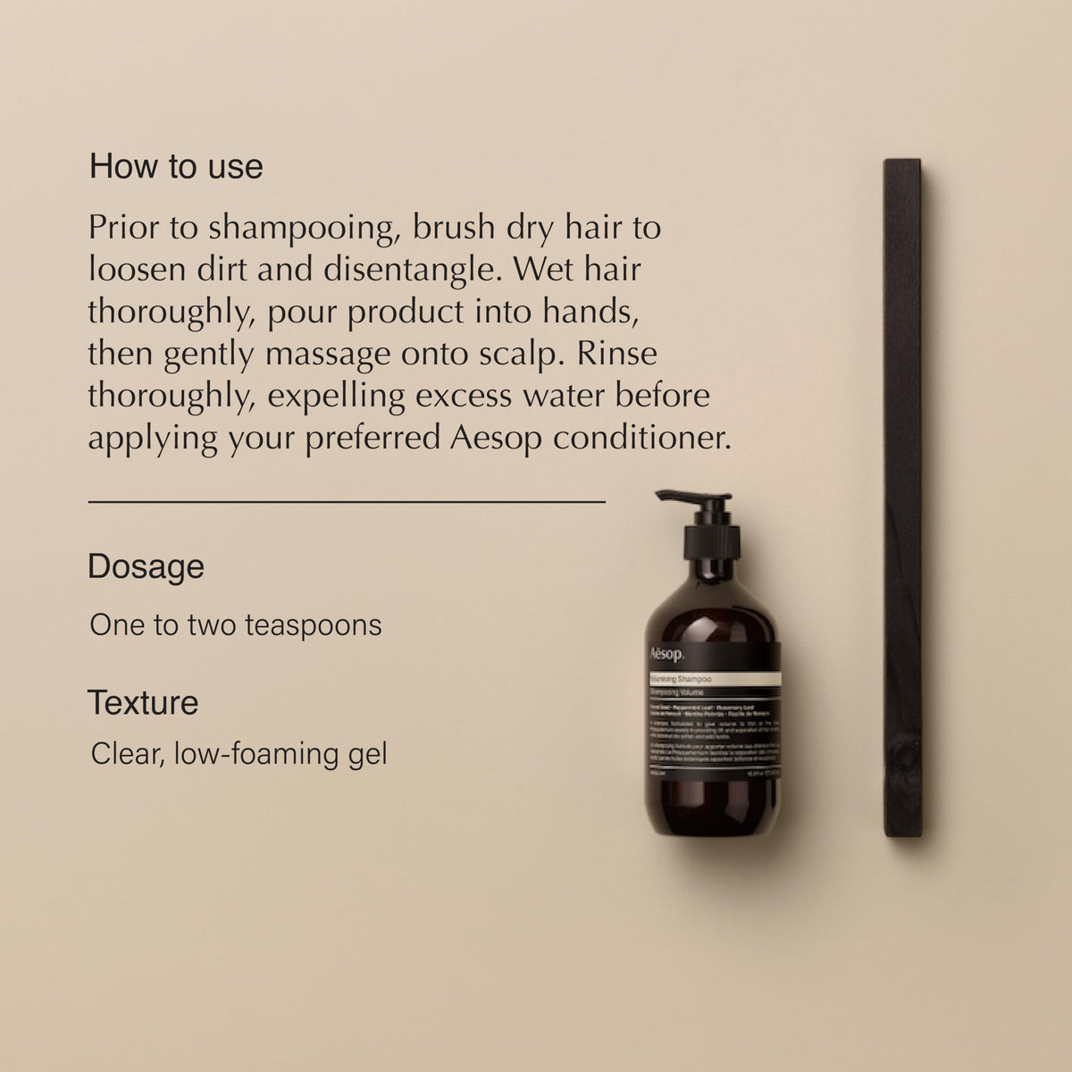 Aesop Volumizing Shampoo back label displaying vegan and sustainability information