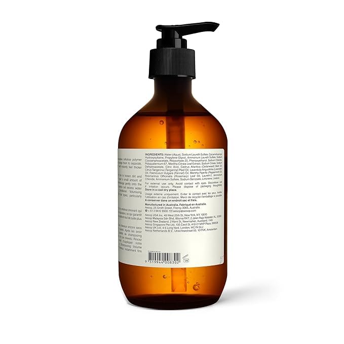 Aesop Volumizing Shampoo dispensing pump for easy use.
