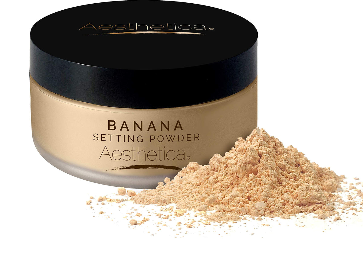 Aesthetica Banana Loose Setting Powder bottle shown for a lasting matte finish