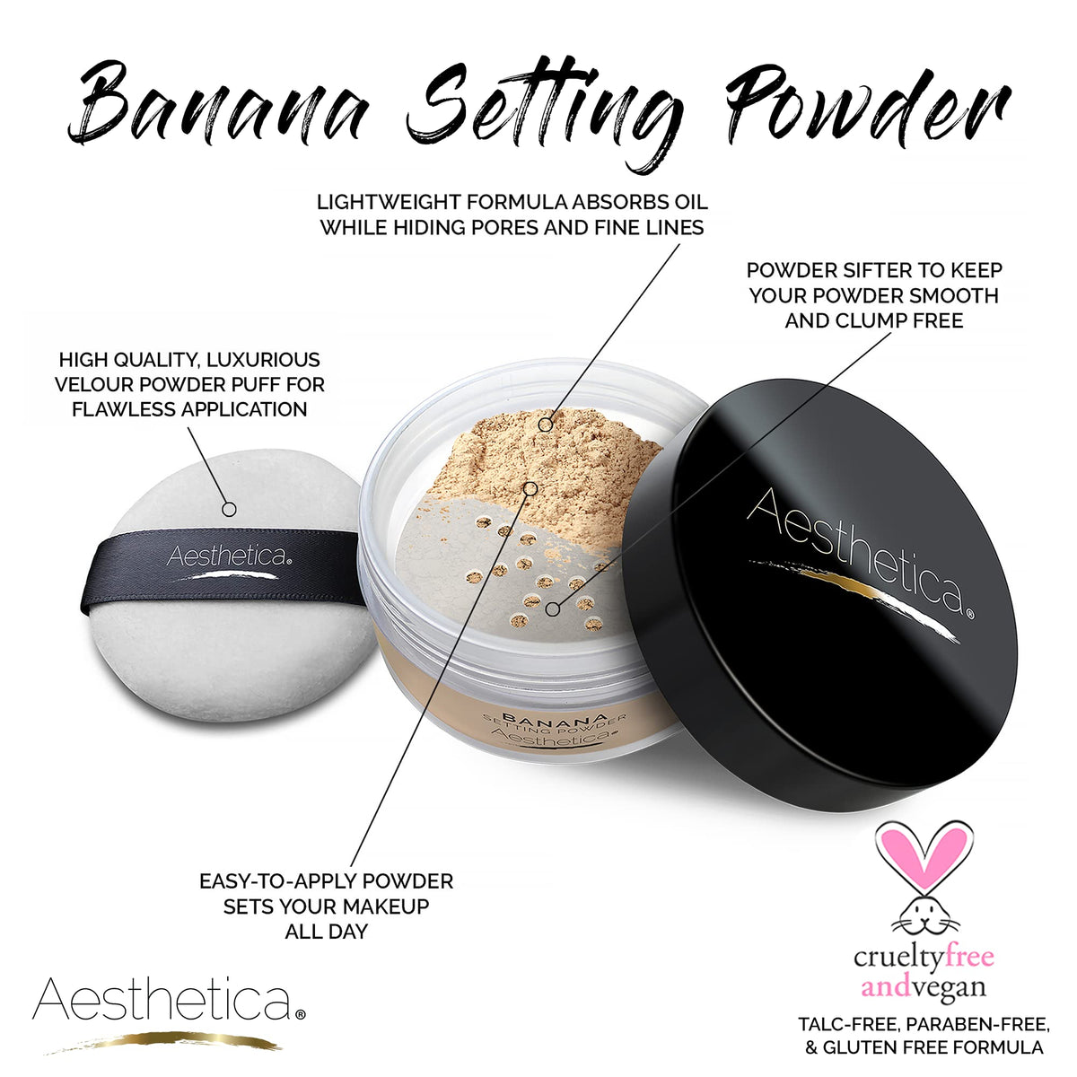 Aesthetica Banana Loose Setting Powder with velour puff for on the go touch ups
