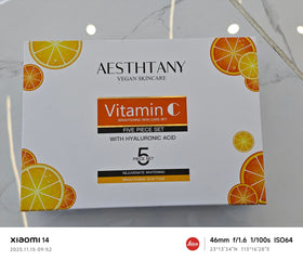 AESTHTANY Vitamin C set bathroom display suggesting a simple daily routine.
