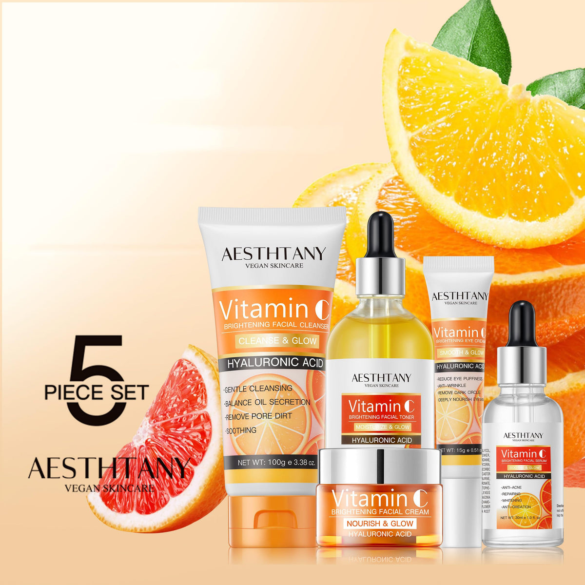 AESTHTANY Vitamin C set serum dropper for brightening and plump, hydrated skin.
