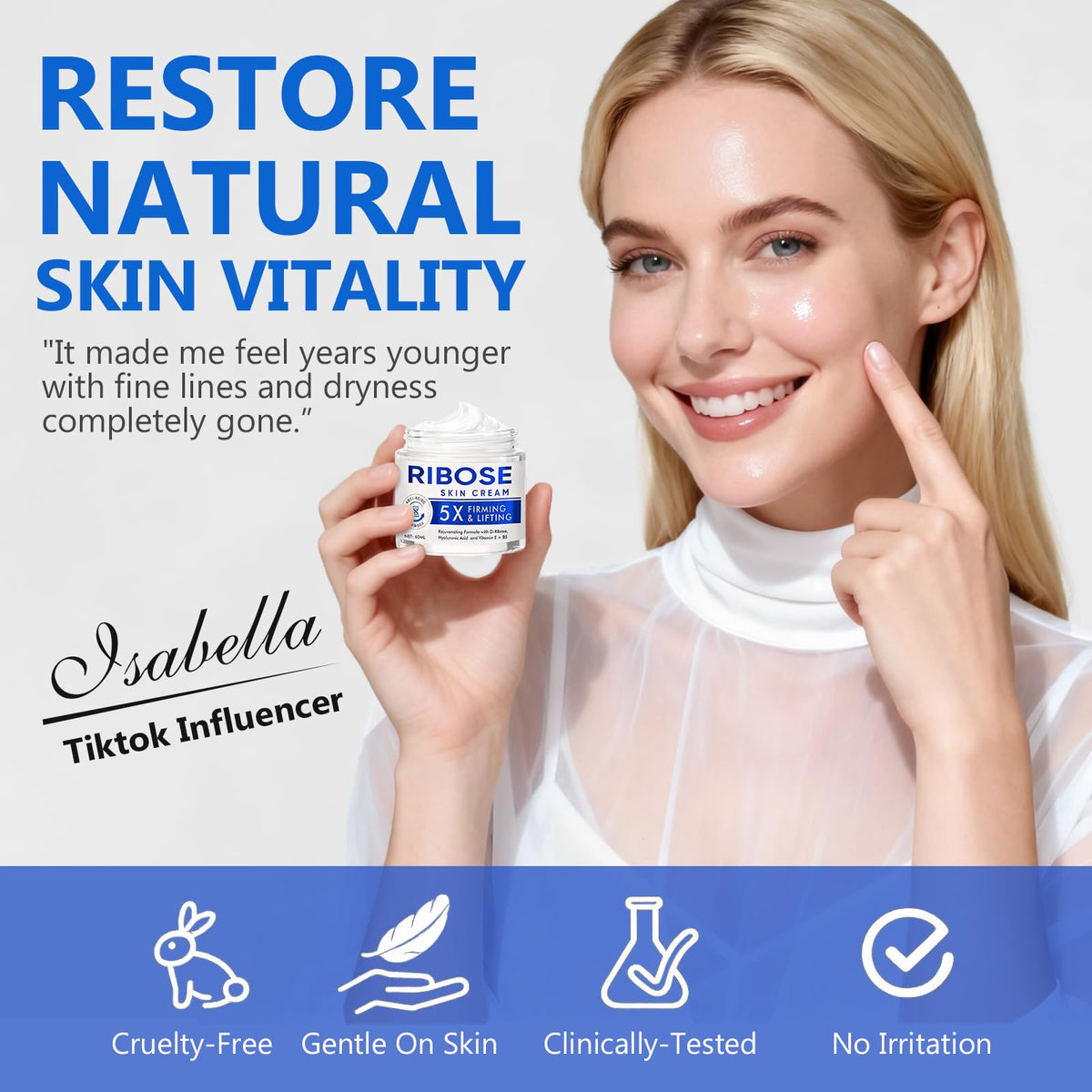 AETHEREVE D-Ribose Cream on skin with a healthy glow and natural radiance.