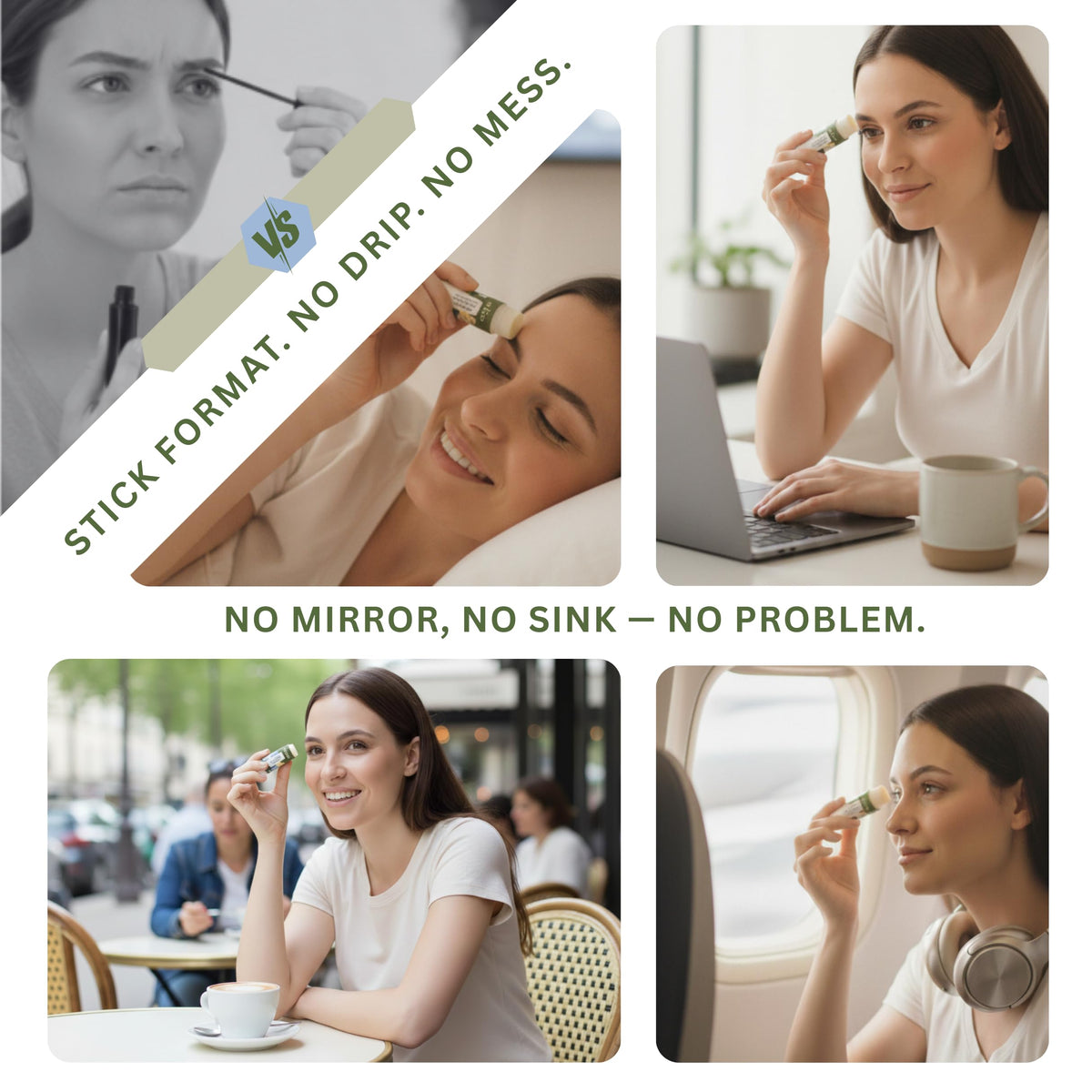 Aflora Solid Stick in use on lashes demonstrates clean, targeted nourishment.