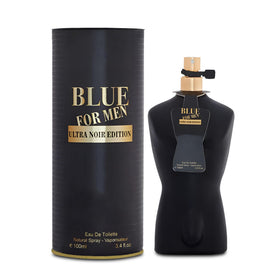 Afluxe Blue Men Ultra Noir Edition bottle closeup highlighting premium woody tones for refined evenings.