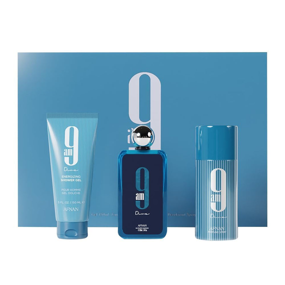 Afnan 9 Am Dive EDP bottle shows a brisk, refreshing scent for daily wear.