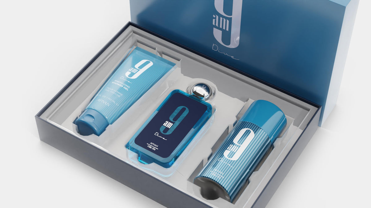 Afnan 9 Am Dive shower gel bottle provides a refreshing cleanse to pair with the EDP.