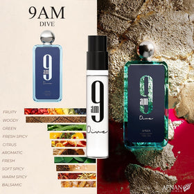 Afnan 9AM Pour Femme 2ml vial — portable fragrance for on-the-go mornings.
