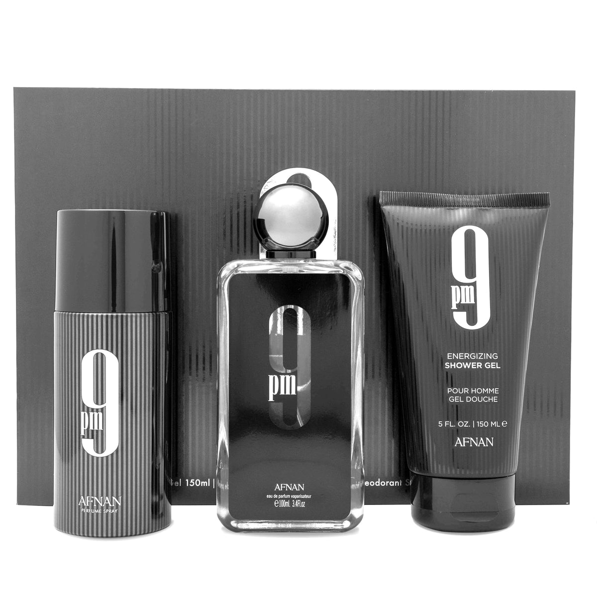 Afnan 9 PM gift set packaging conveys premium gifting appeal.