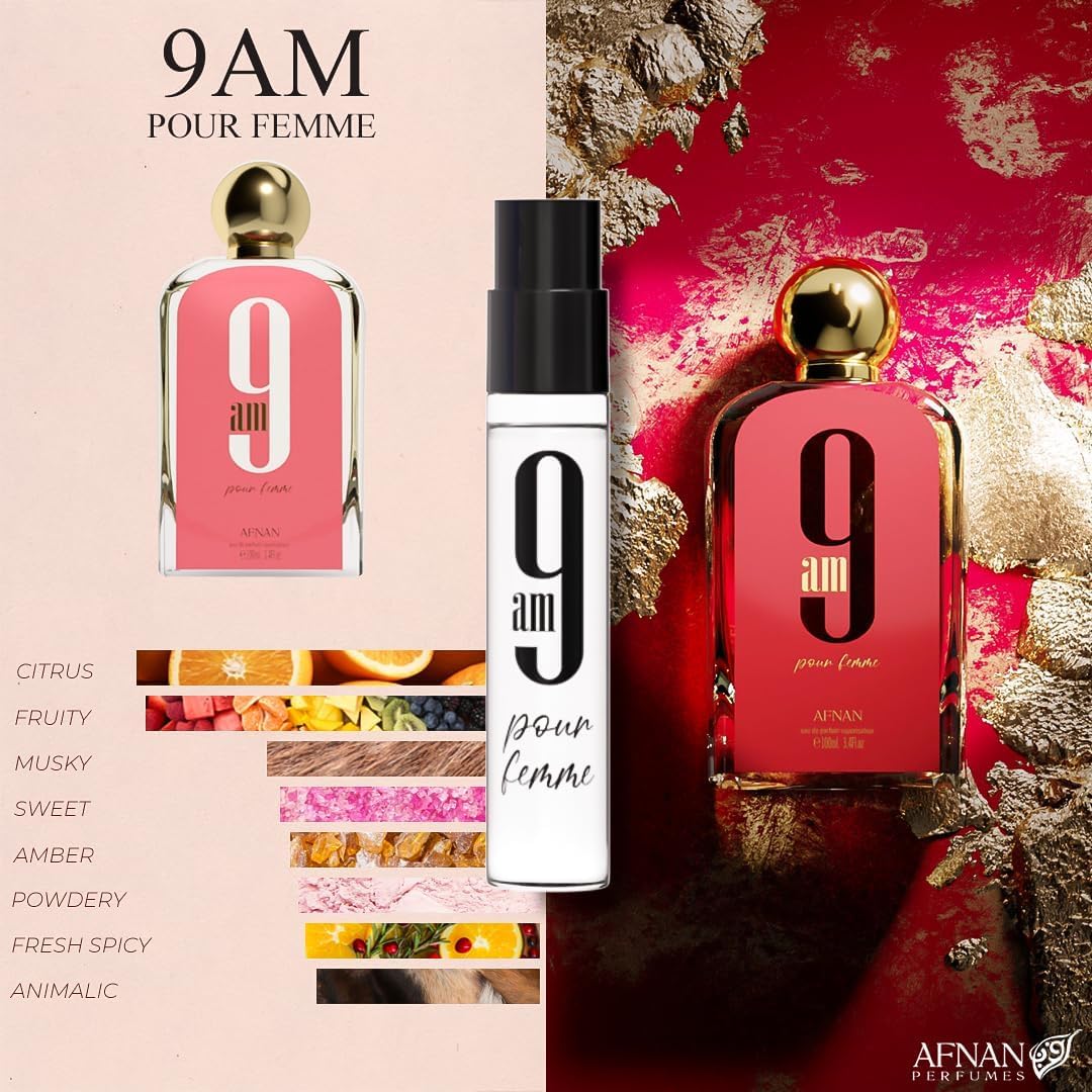 Afnan 9PM Pour Femme 2ml vial — chic floral-aromatic note for special moments.
