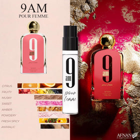 Afnan 9PM Pour Femme 2ml vial — chic floral-aromatic note for special moments.