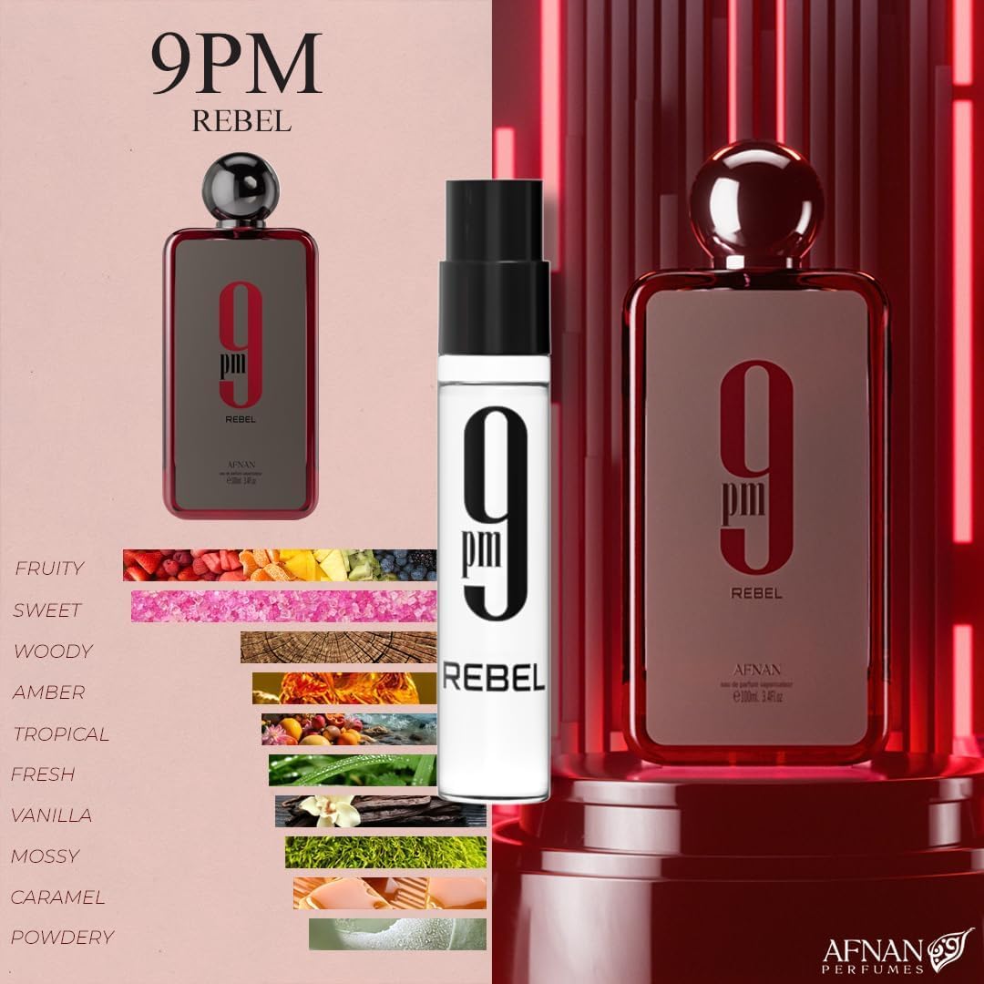 Afnan 9PM Pour Homme 2ml vial — refined woody-fresh blend for evenings.