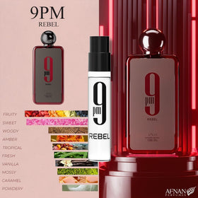 Afnan 9PM Pour Homme 2ml vial — refined woody-fresh blend for evenings.