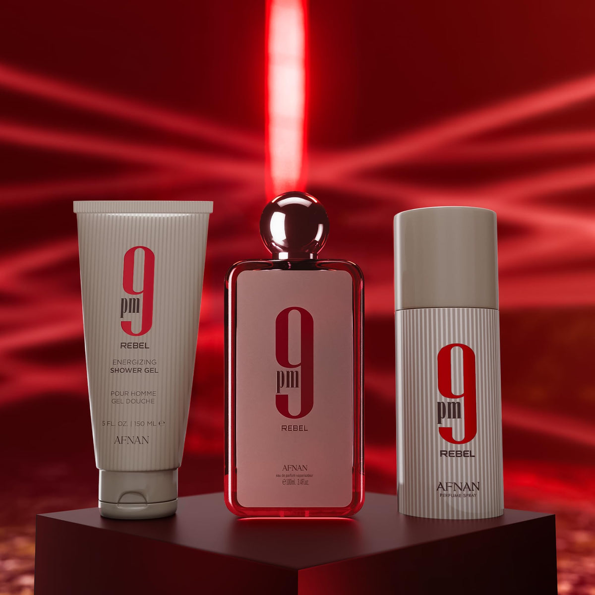 Afnan 9 PM Rebel gift set box for stylish gifting and fragrance pairing.