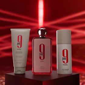 Afnan 9 PM Rebel gift set box for stylish gifting and fragrance pairing.