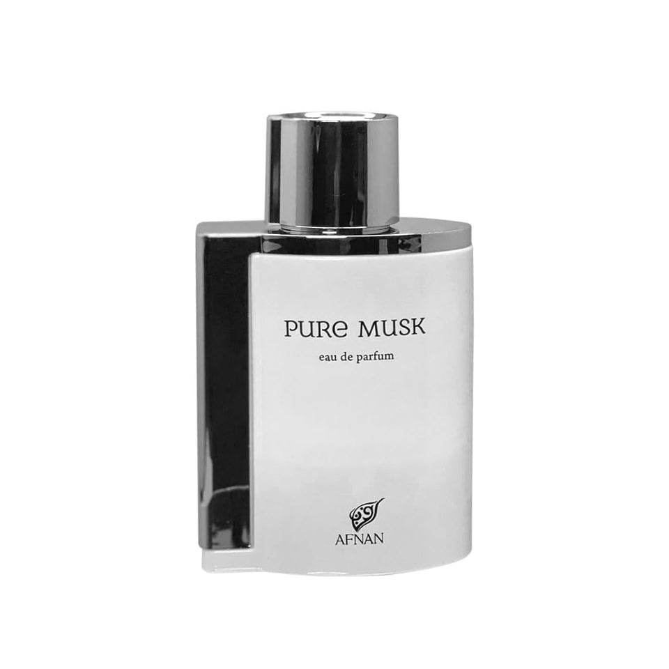 Afnan Pure Musk unisex bottle front shows elegant design for versatile fragrance.