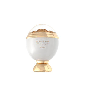 Afnan Souvenir Floral Bouquet bottle close-up highlighting lychee and rhubarb for spring freshness.