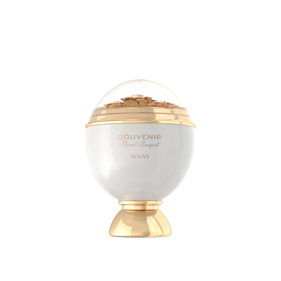 Afnan Souvenir Floral Bouquet bottle close-up highlighting lychee and rhubarb for spring freshness.