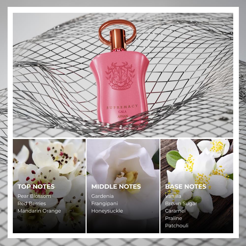 Afnan Supremacy Gala base notes weave vanilla and praline for lasting warmth.