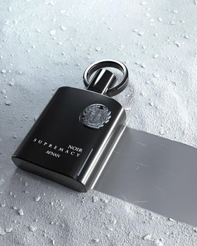 Afnan Supremacy Noir bottle side angle showing masculine design for confident style