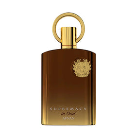 Afnan Supremacy in Oud bottle closeup highlighting premium glass and gold accents for a luxurious moment