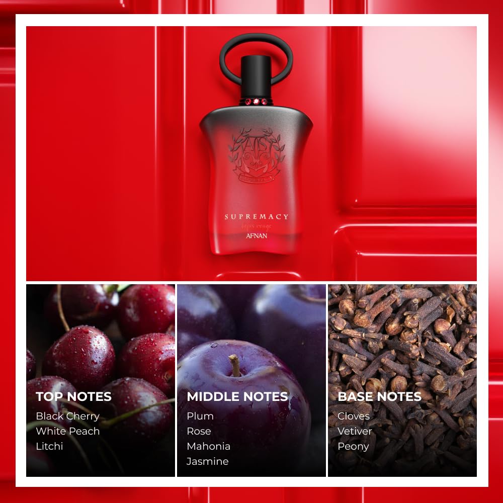 Afnan Supremacy Tapis Rouge heart notes close-up featuring plum, rose, jasmine.