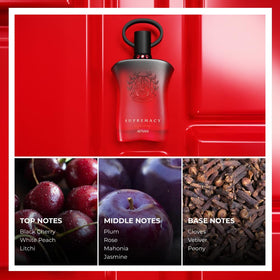 Afnan Supremacy Tapis Rouge heart notes close-up featuring plum, rose, jasmine.