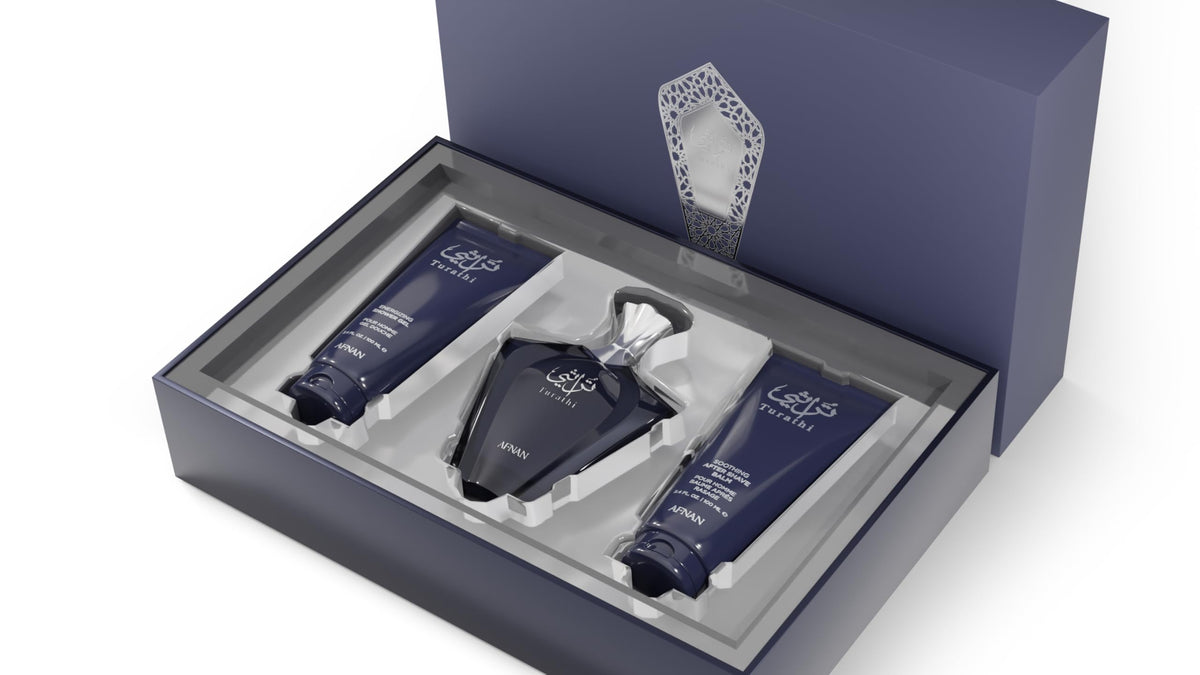 Afnan Turathi Homme Blue After Shave bottle for post-shave scent and comfort.