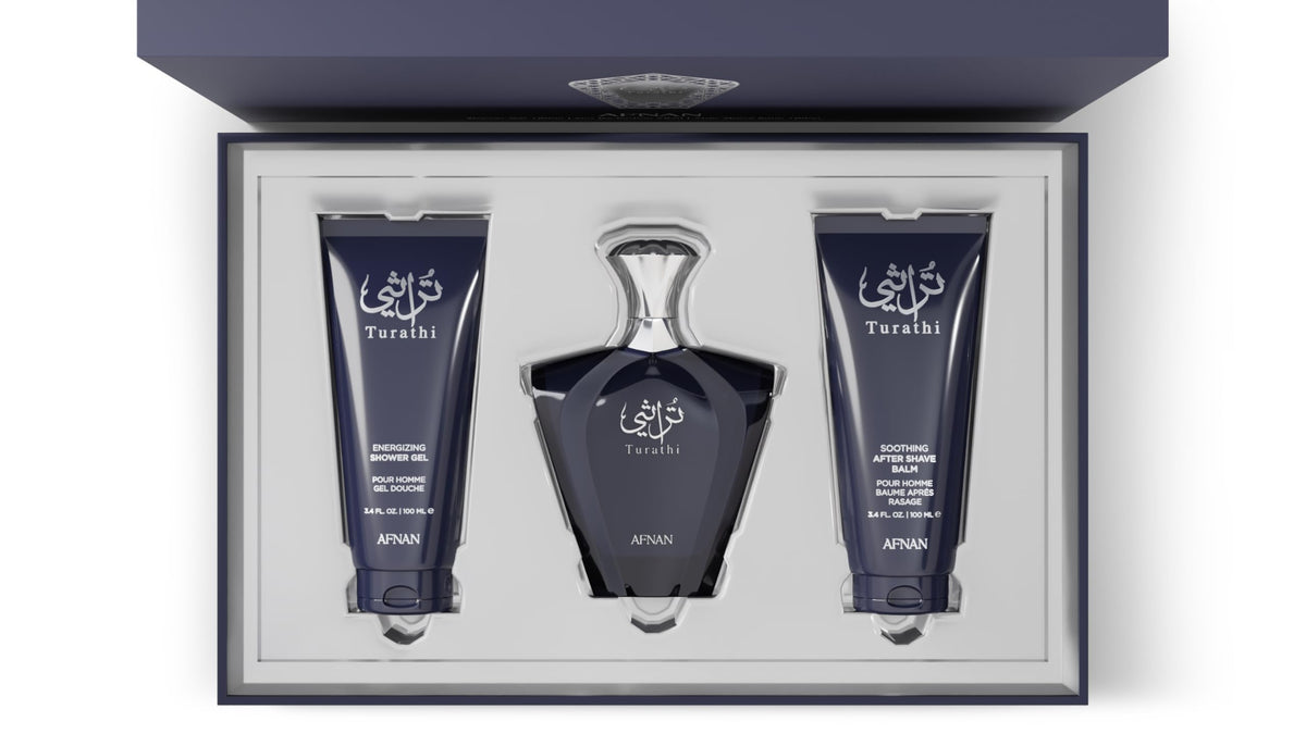 Afnan Turathi Homme Blue Shower Gel bottle for refreshing cleansing.