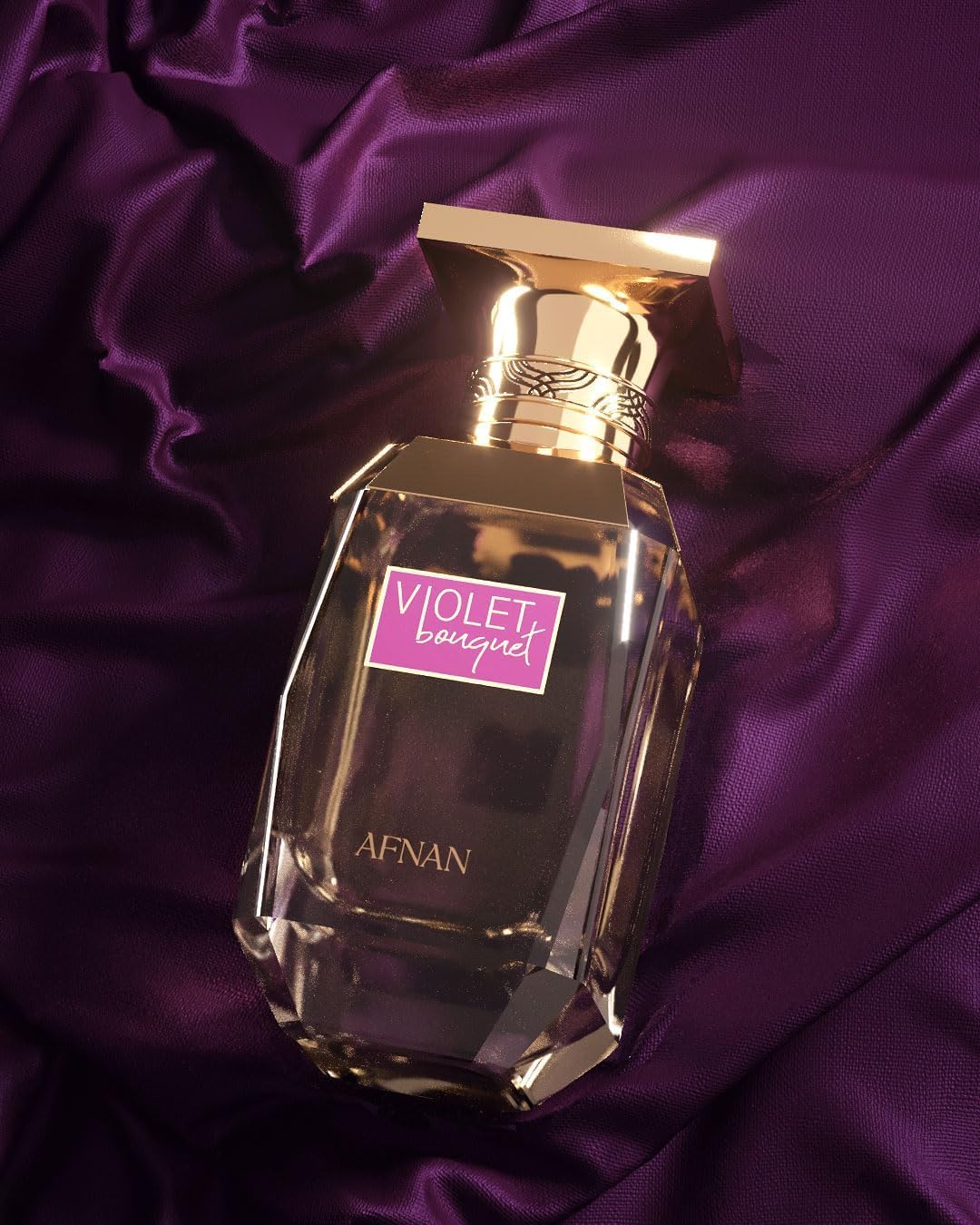 Afnan Violet Bouquet fragrance in glass displays warm amber hues for a luxe look