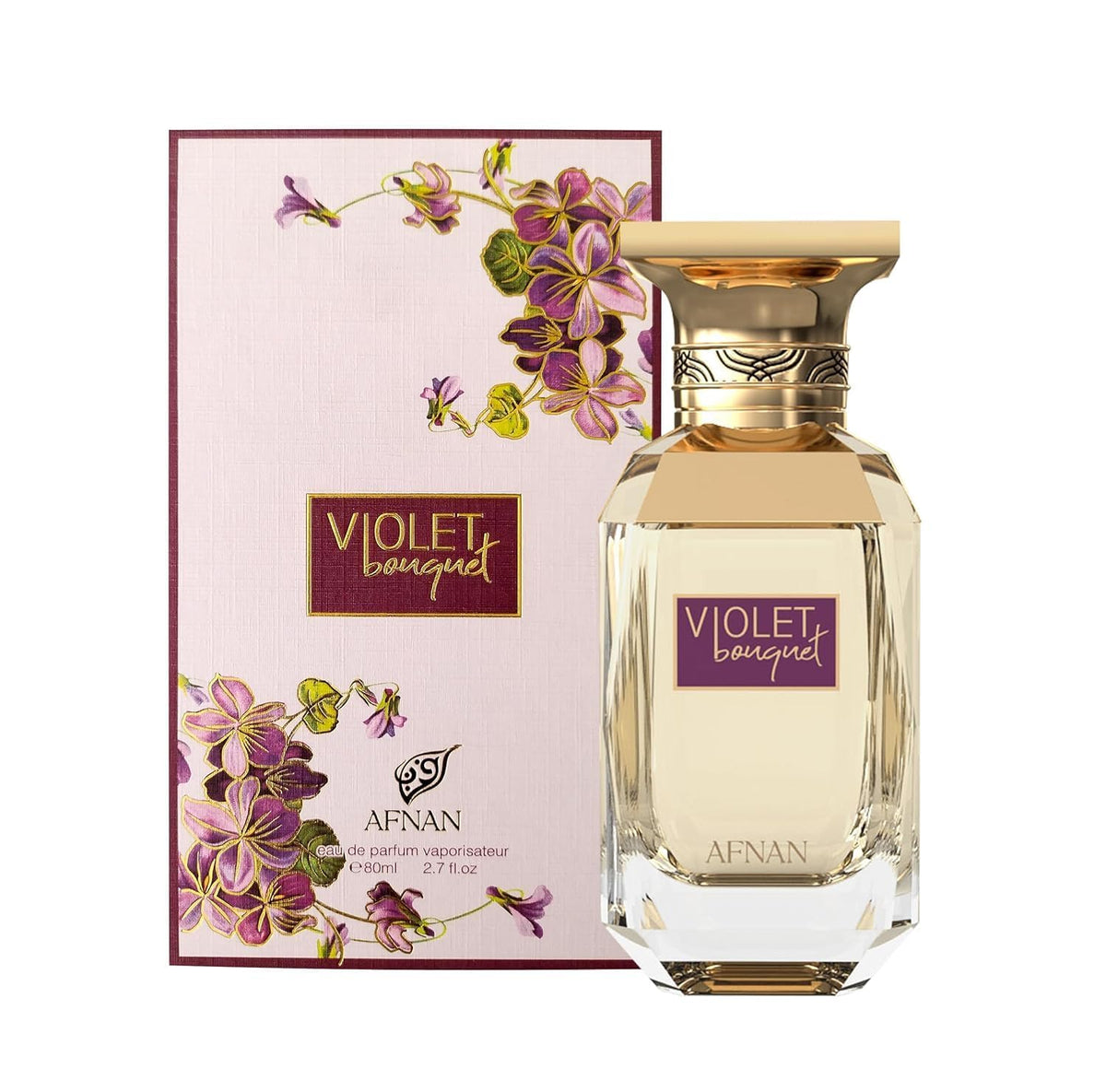 Afnan Violet Bouquet bottle label close-up highlighting premium presentation for refined evening wear
