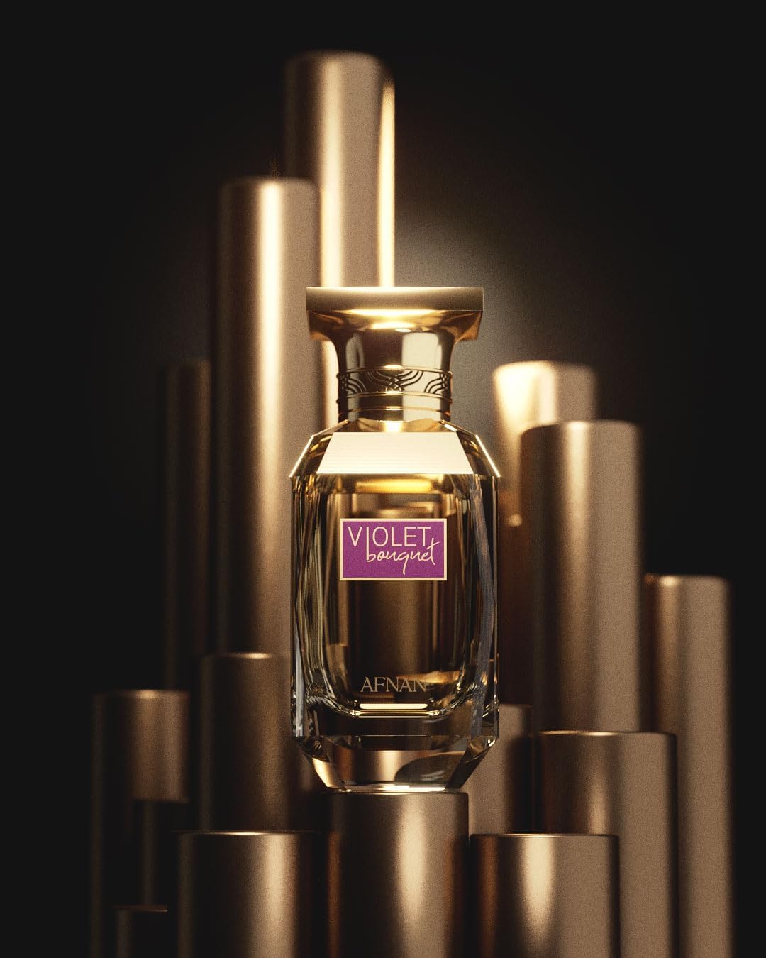 Afnan Violet Bouquet bottle reflected on a surface for sophisticated presentation