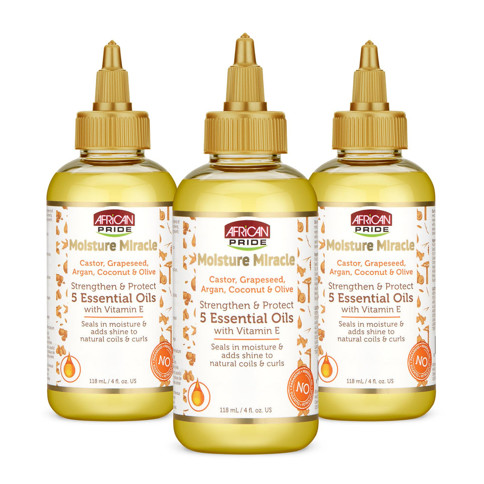 African Pride Moisture Miracle bottle pour demonstrates lightweight hydration ideal for daily styling.