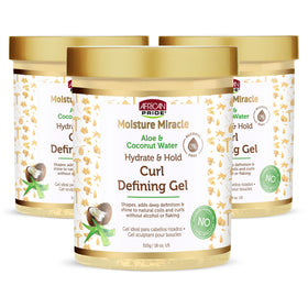 African Pride Moisture Miracle gel bottle showing hydration and hold for defined curls.